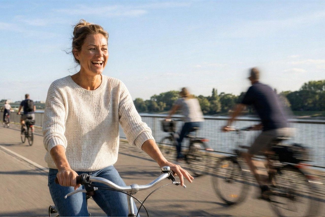 Frau in hellem Pullover fährt lachend auf einem Fahrradweg (Bild KI-unterstützt generiert)