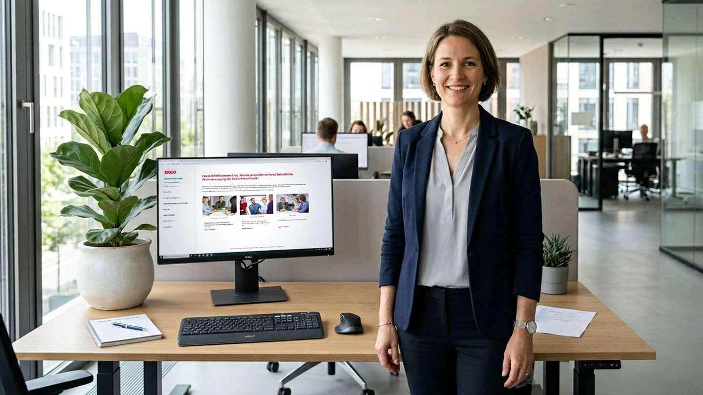 Anna Müller steht vor ihrem Schreibtisch. Im Hintergrund ist das Arbeitgeberportal auf ihrem Bildschirm geöffnet.