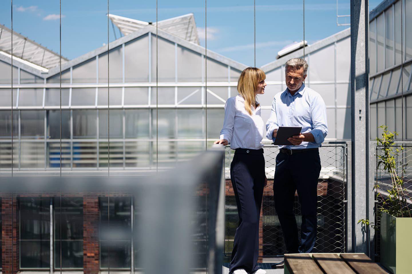 Zwei Kollegen diskutieren während sie in einem Gewächshaus stehen.