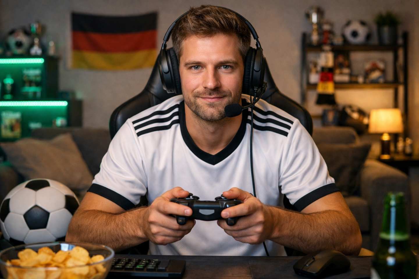 Ein Mann spielt konzentriert ein Fußball-Videospiel.