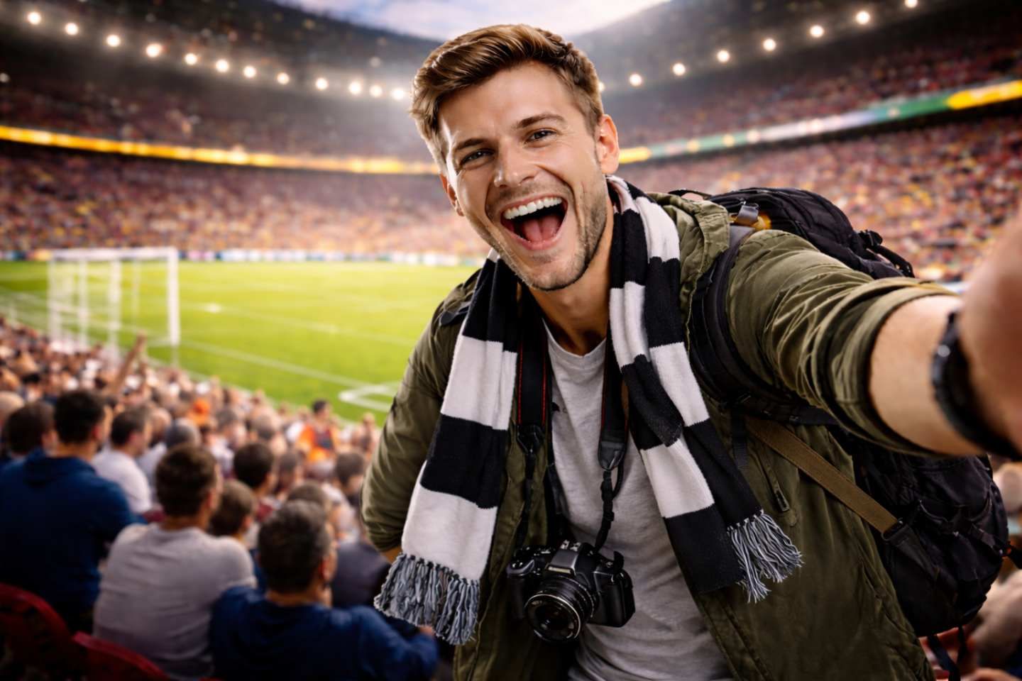 Ein begeisterter Fußballfan macht im Stadion ein Selfie.