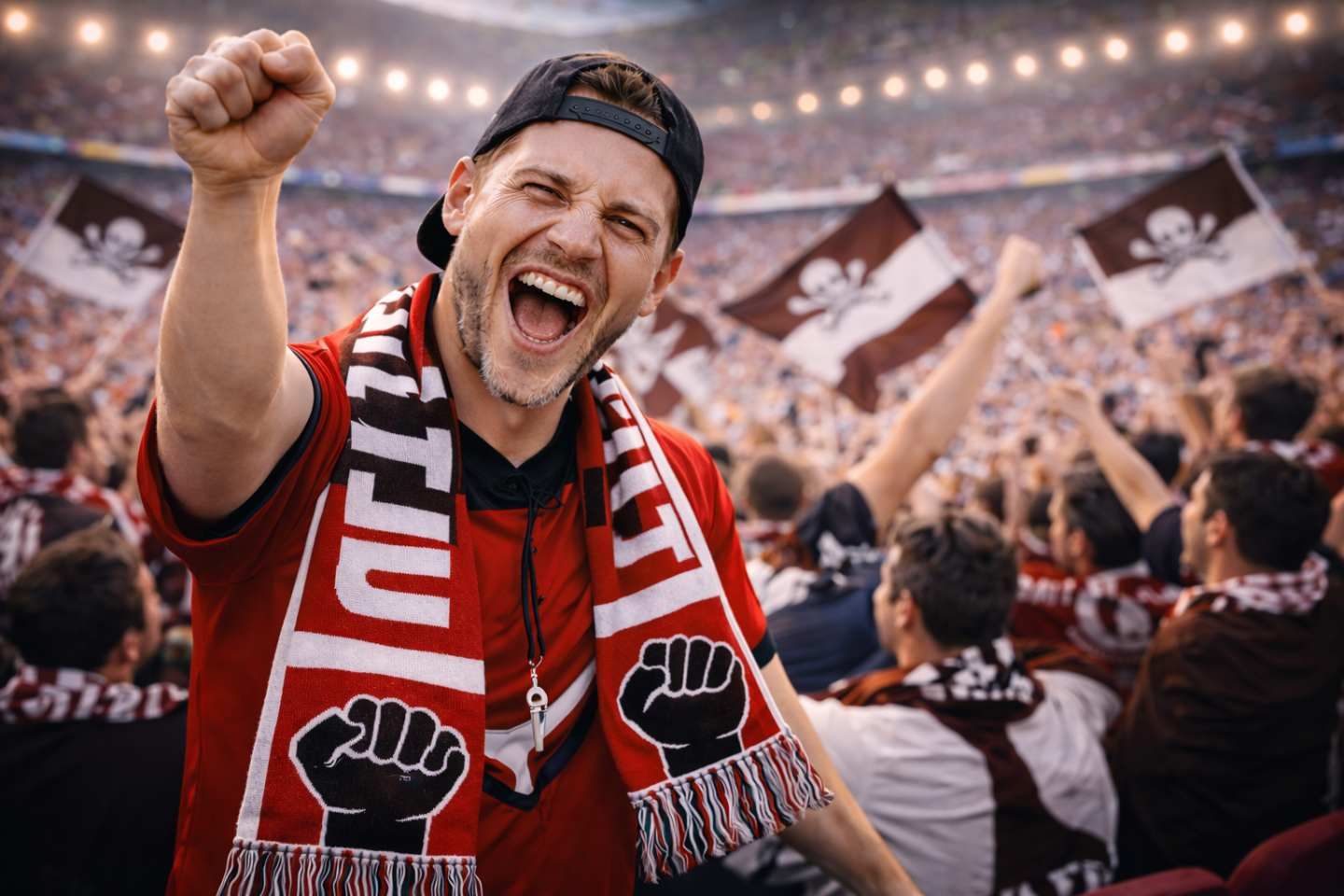 Ein jubelnder Fußballfan im Stadion reißt die Faust hoch.