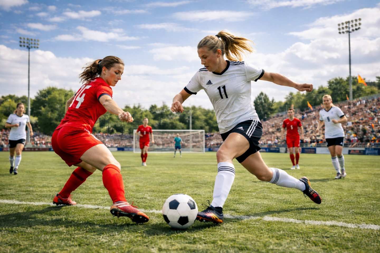 Zwei Fußballspielerinnen kämpfen auf dem Spielfeld um den Ball.