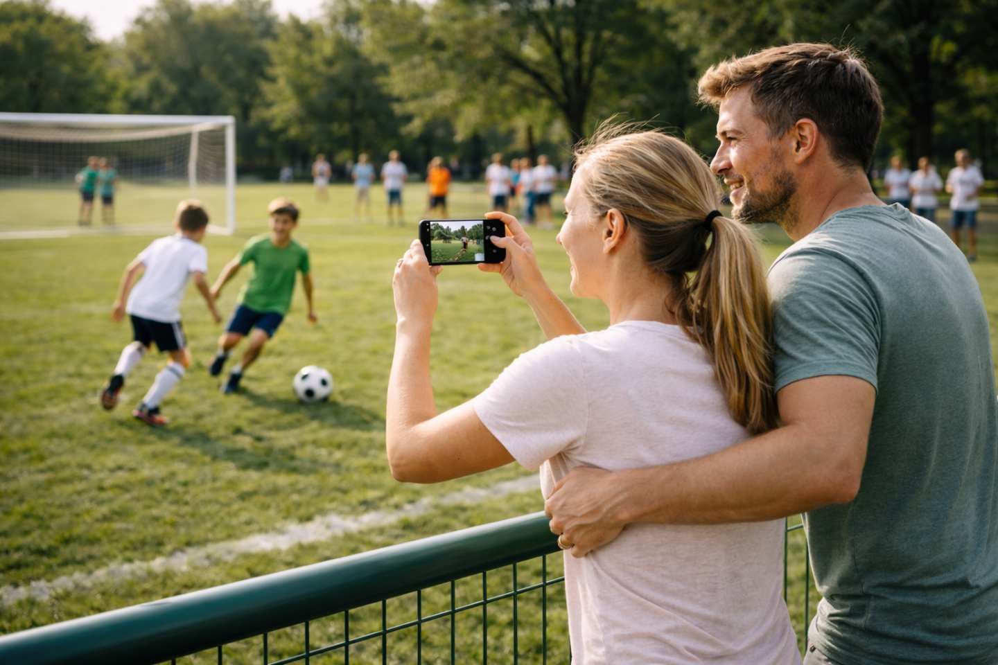 Ein Paar fotografiert am Spielfeldrand ein Fußballspiel.