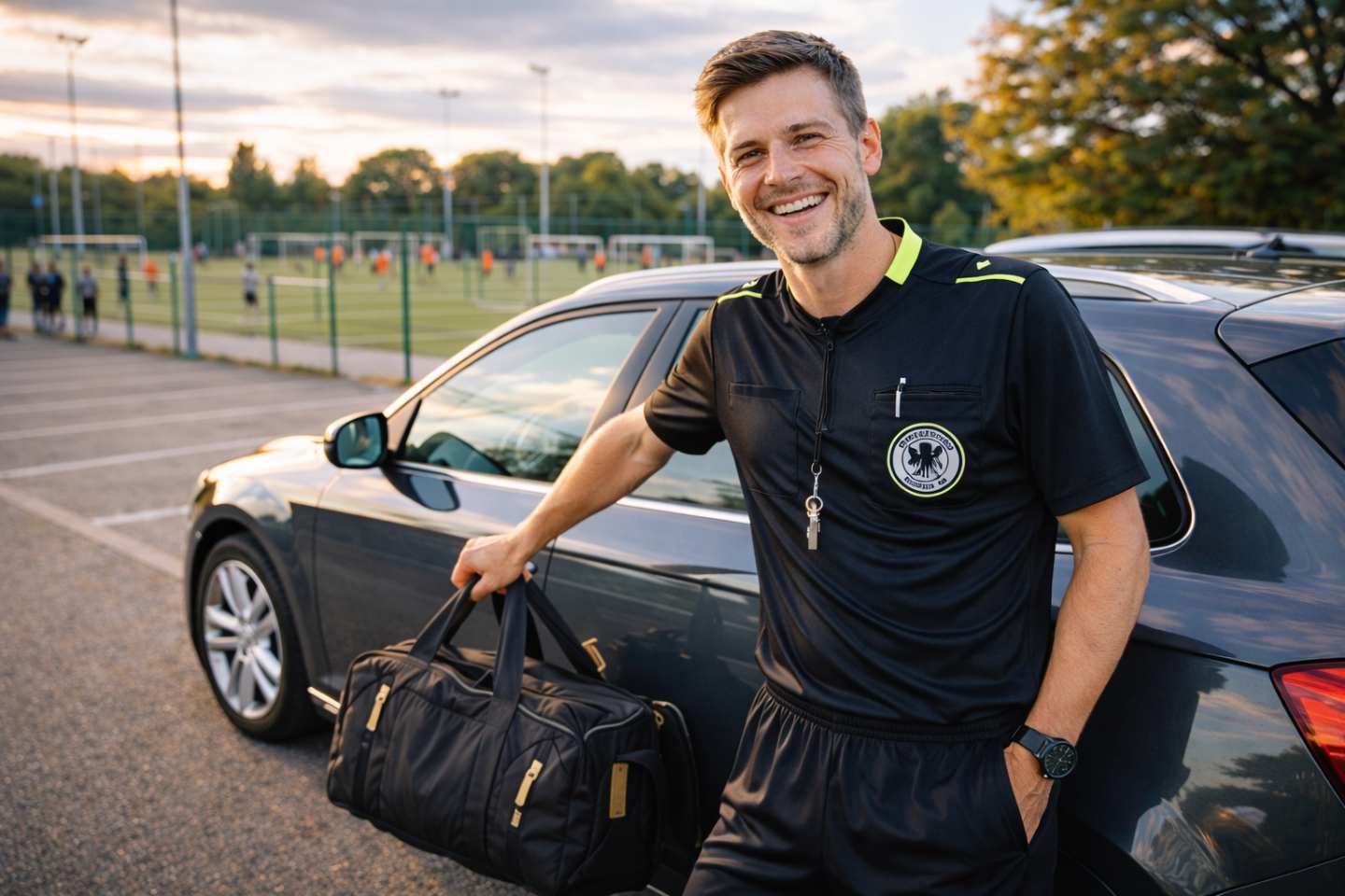 Ein Fußballtrainer steht mit Sporttasche neben seinem Auto am Sportplatz.