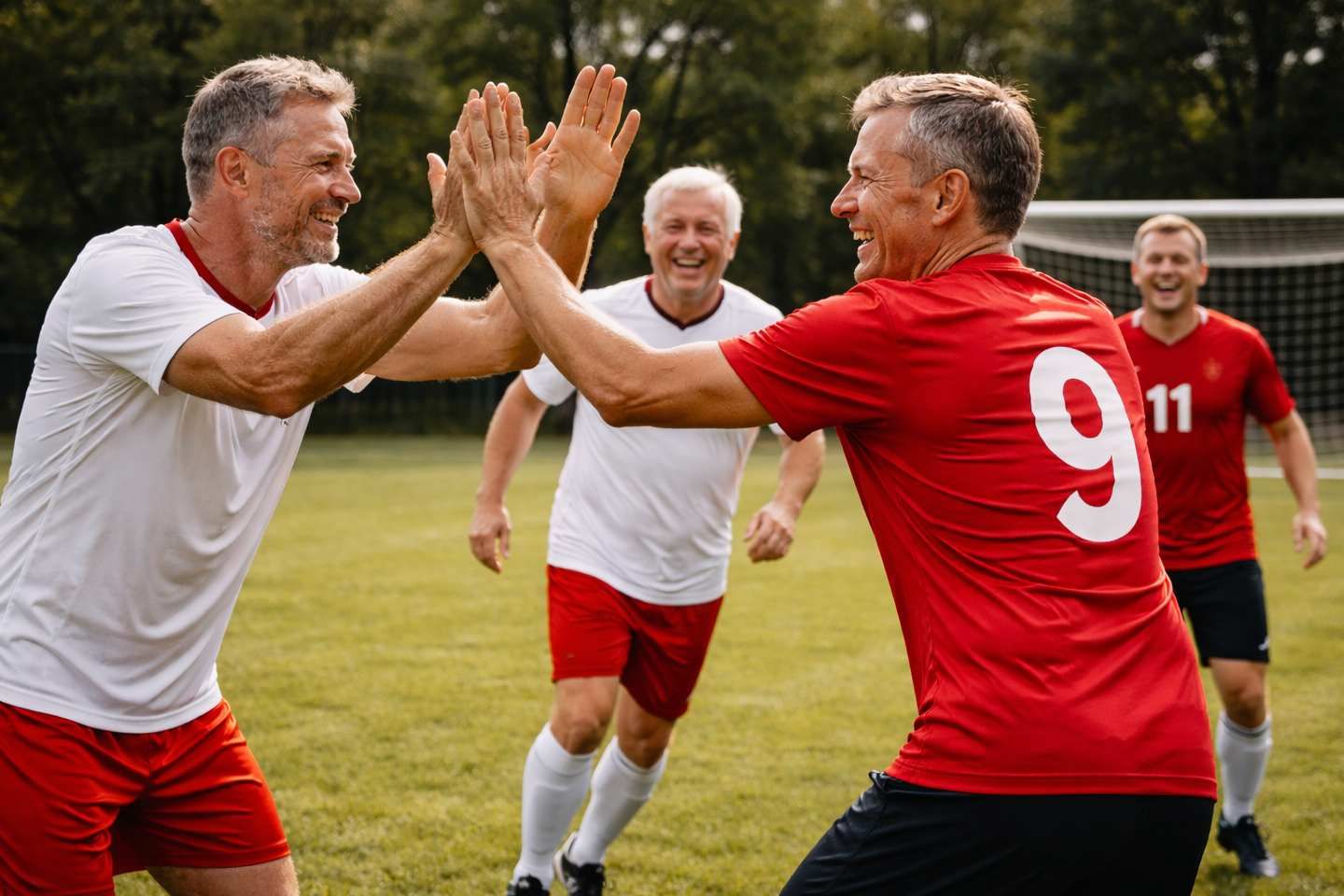 Mehrere ältere Fußballspieler klatschen sich auf dem Spielfeld lachend ab.