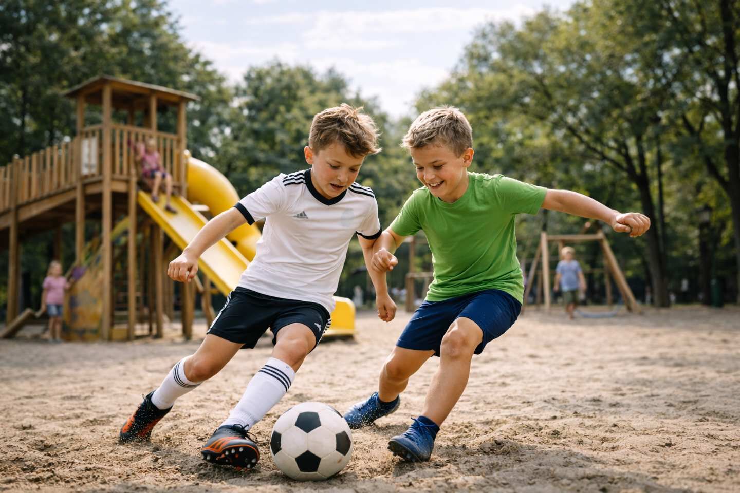Zwei Kinder spielen auf einem Spielplatz begeistert Fußball.