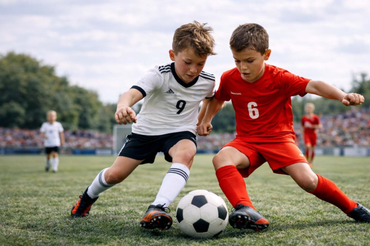 Zwei Kinder im Fußballtrikot kämpfen auf dem Rasen um den Ball.