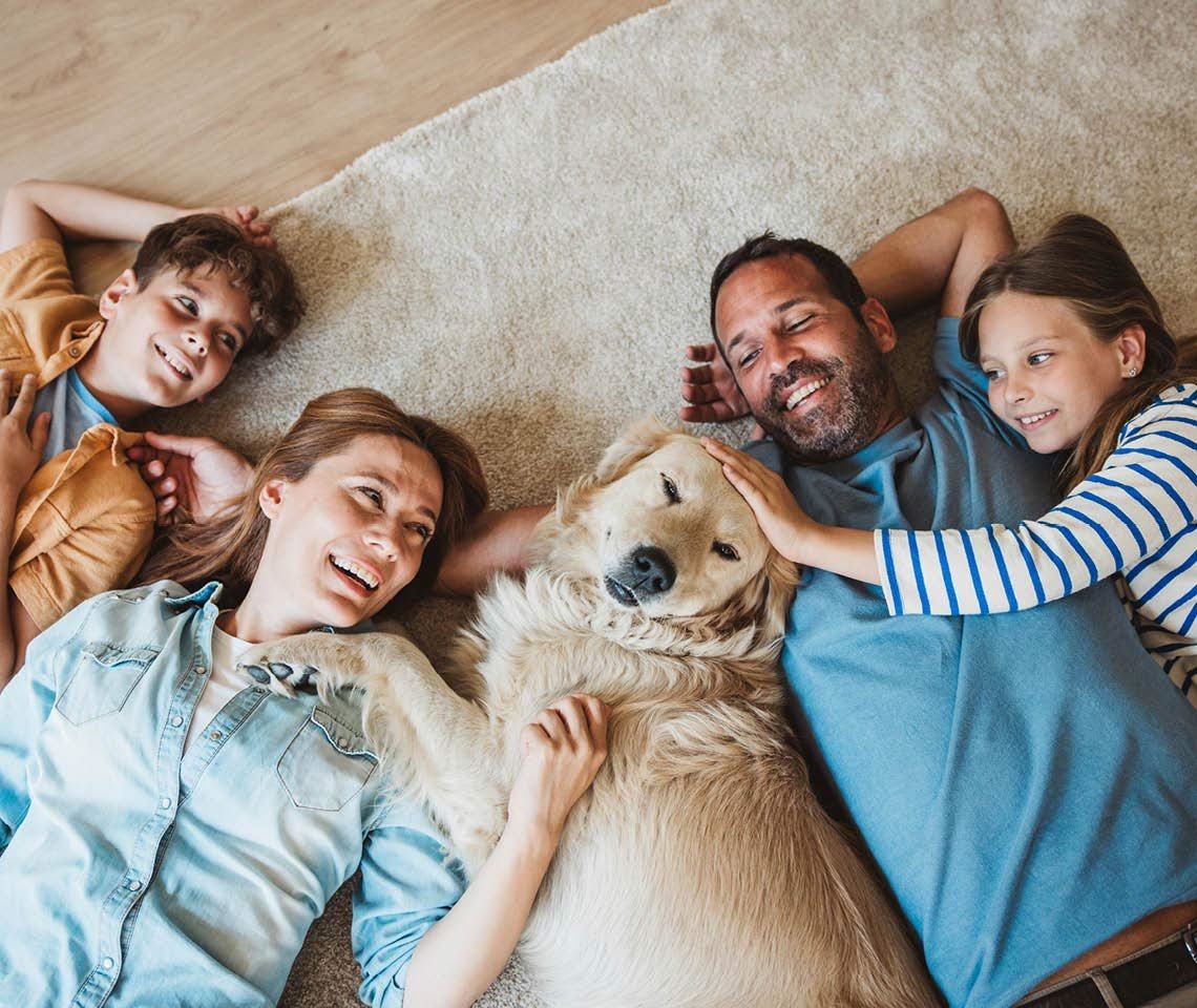 Junge Familie liegt mit dem Hund auf einem Teppich. (Bild KI-unterstützt generiert)