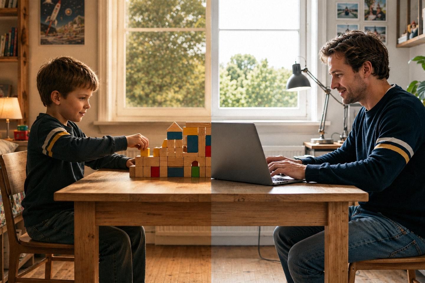 Ein Mann arbeitet am Laptop, während sein jüngeres Ich mit bunten Bauklötzen spielt. (Bild KI-unterstützt generiert)