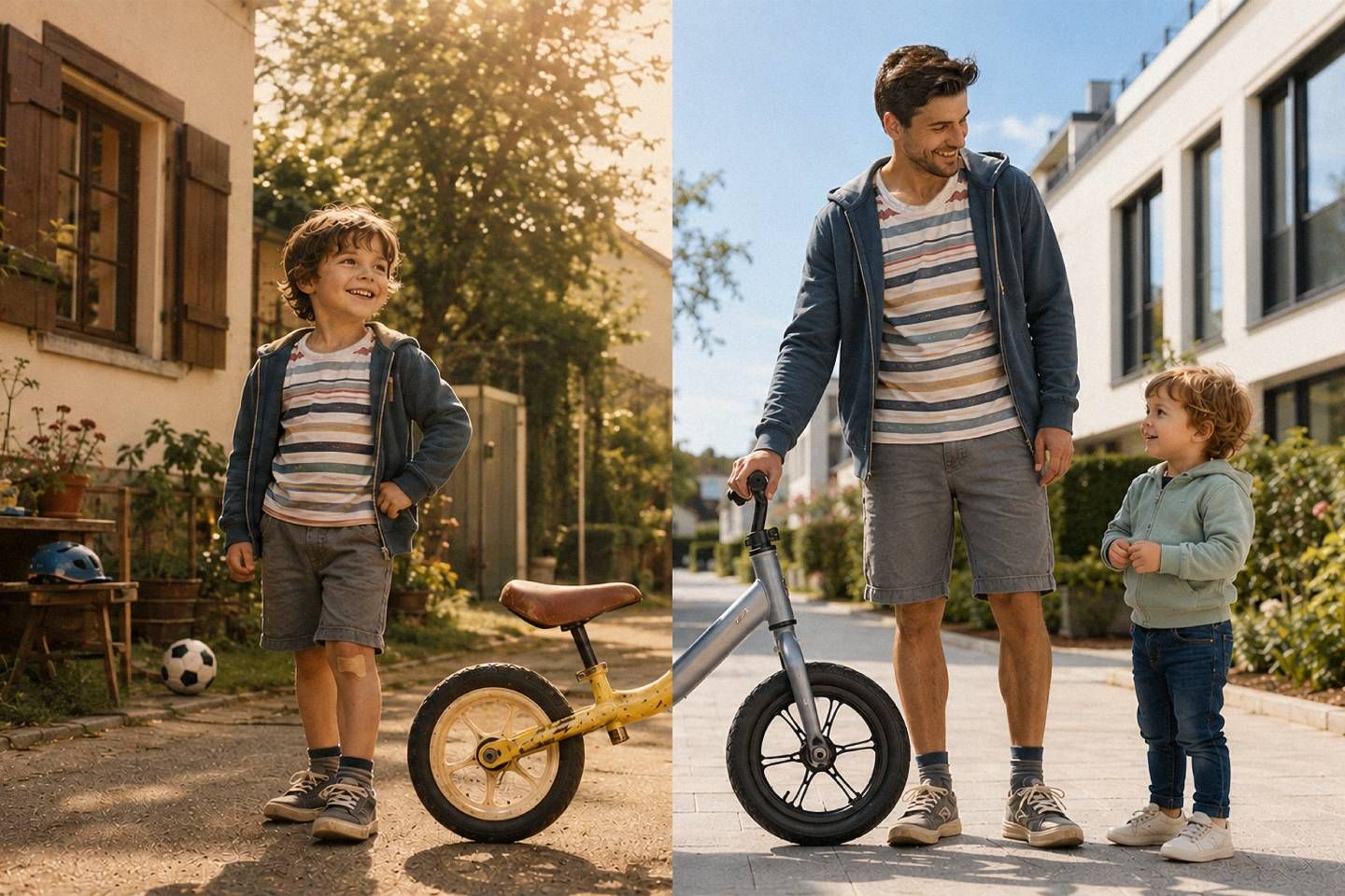 Ein Kind mit seinem Fahrrad, daneben als Erwachsener mit Sohn. (Bild KI-unterstützt generiert)