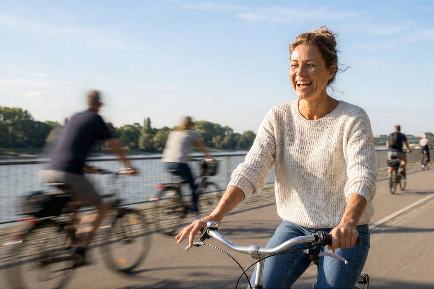 Frau in hellem Pullover fährt lachend auf einem Fahrradweg (Bild KI-unterstützt generiert)