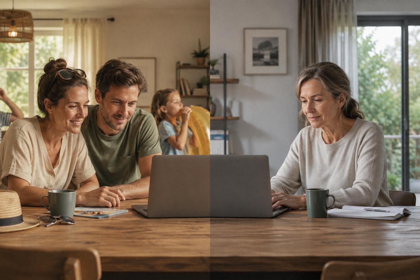Familie vor dem Laptop, daneben die Frau alleine am Laptop. (Bild KI-unterstützt generiert)