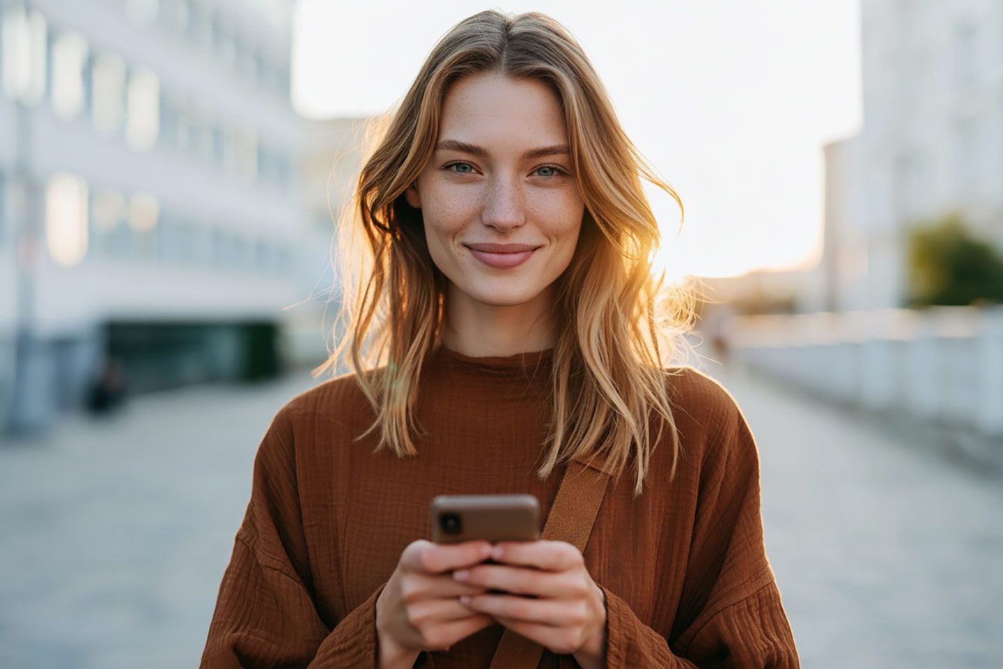Junge Frau mit blondem Haar hält ein Smartphone in beiden Händen und lächelt direkt in die Kamera.
