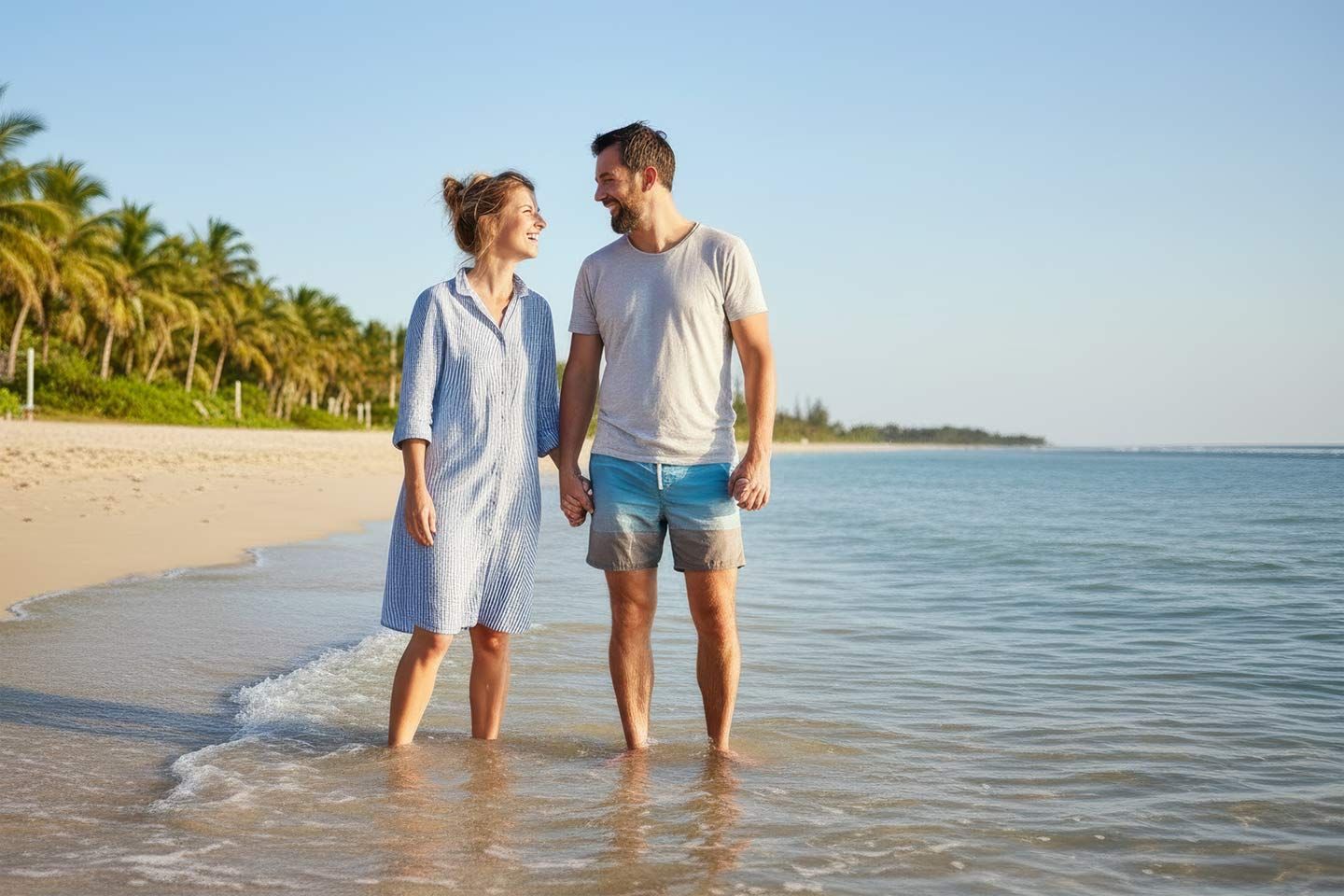 Paar steht barfuß am Strand im seichten Wasser, hält Händchen und lächelt sich an.
