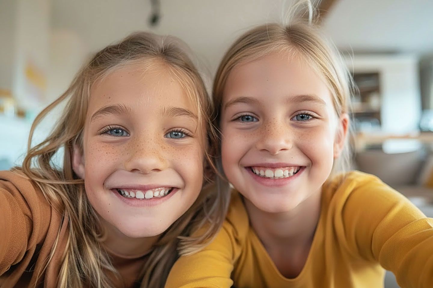 Zwei Kinder mit blonden Haaren und Sommersprossen lächeln fröhlich in die Kamera.