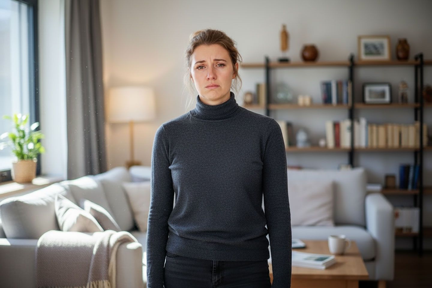 Junge Frau mit blonden Haaren steht in ihrem Wohnzimmer und schaut traurig in die Kamera.