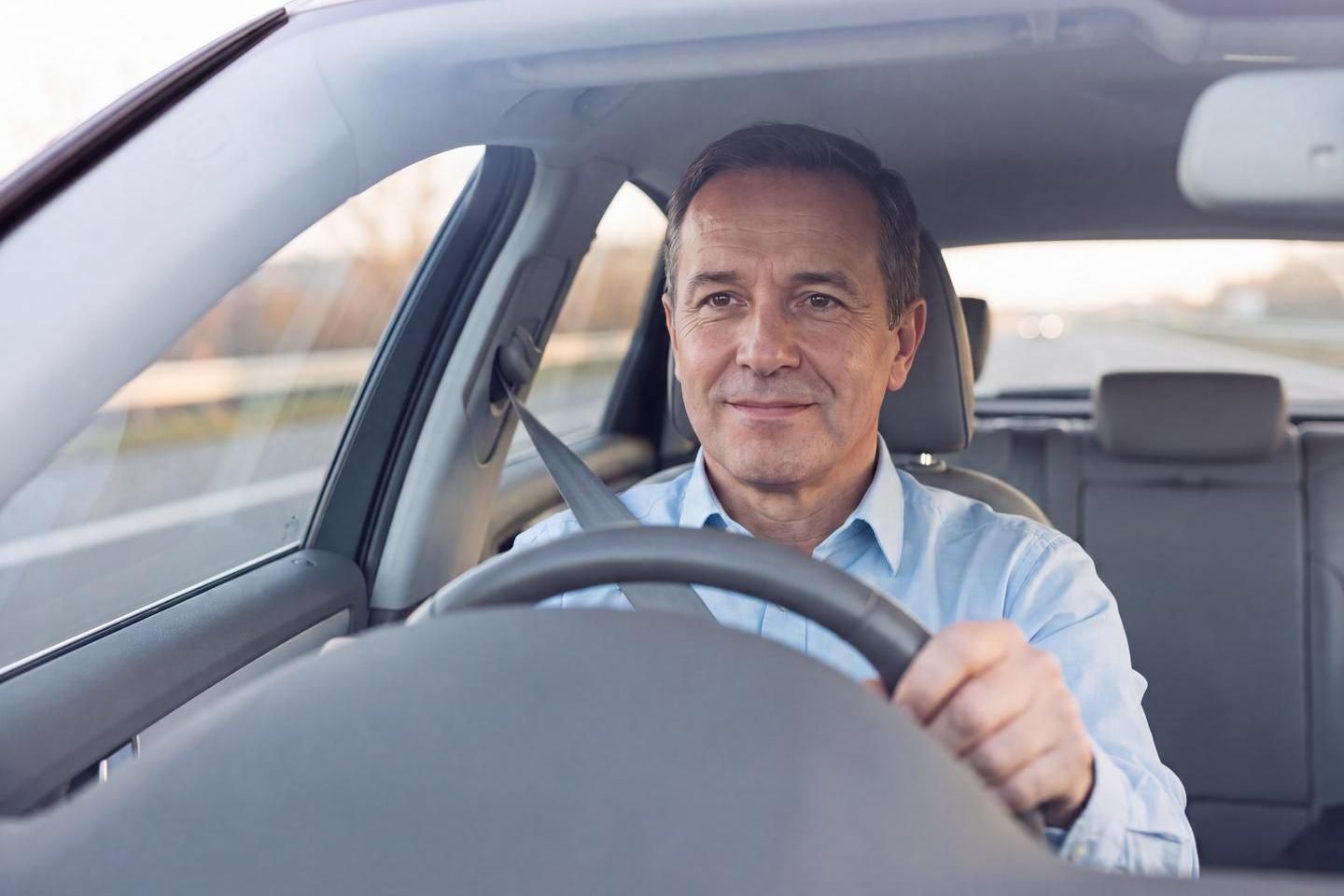 Mann fährt entspannt im Auto.