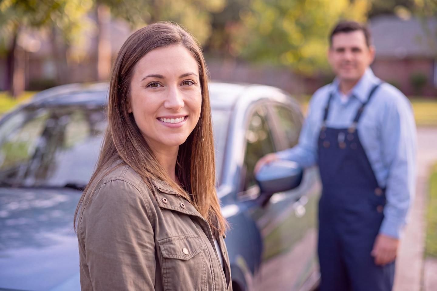 Junge Frau freut sich auf den Werkstattbonus für Ihre Auto-Reparatur..