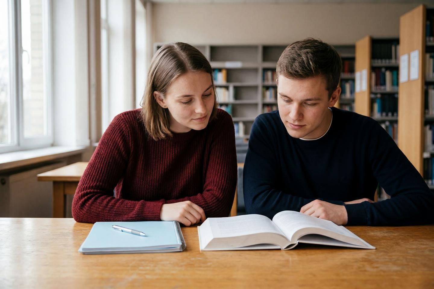 Zwei Studenten lernen in einer Bibliothek.