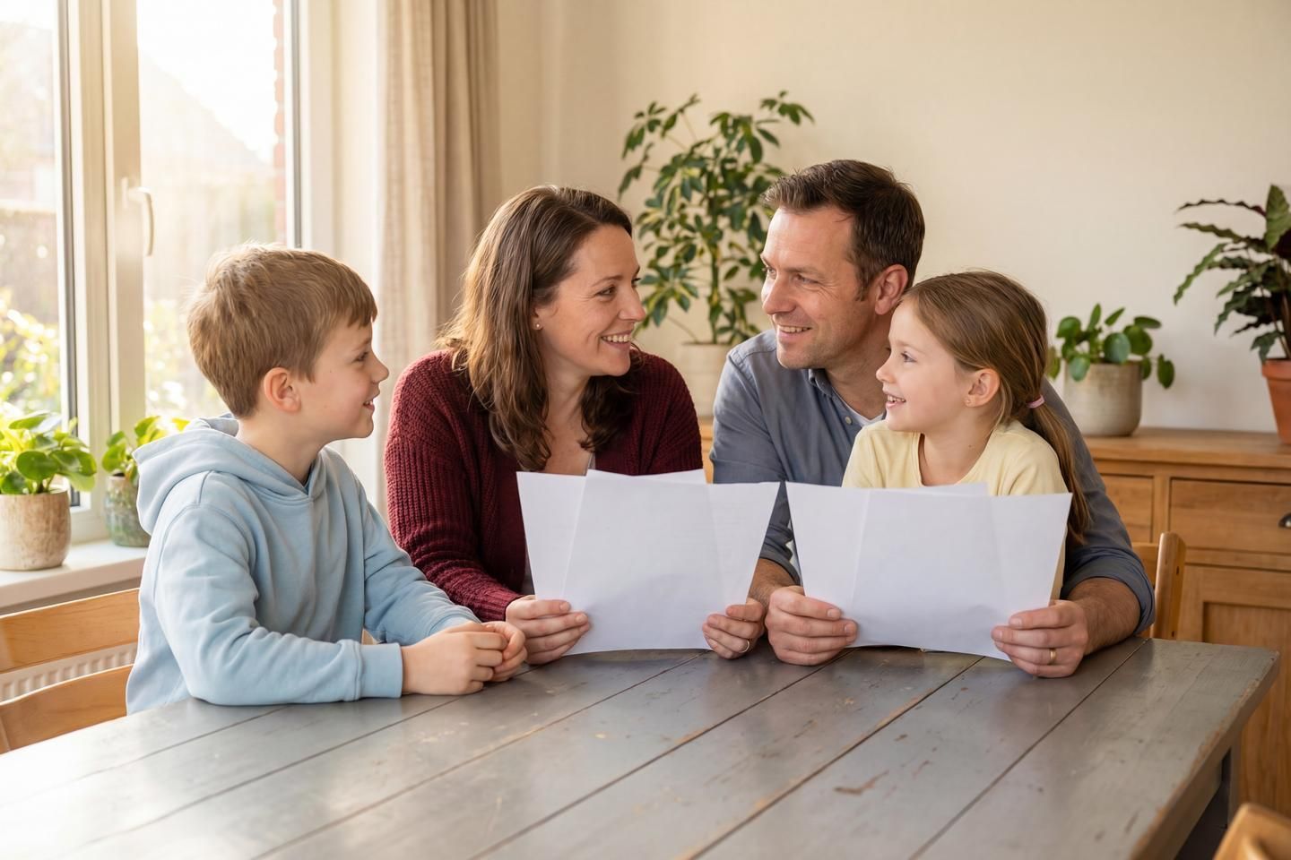 Glückliche Familie kümmert sich um ihre Unterlagen der Risikolebensversicherung.
