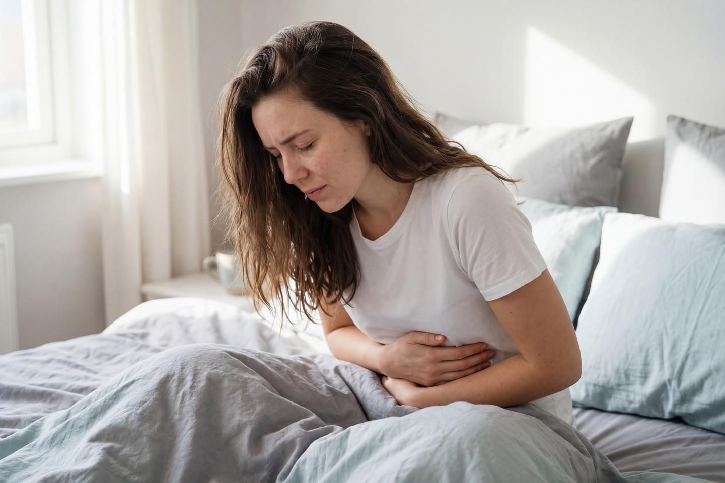 Frau sitzt mit Bauchschmerzen auf ihrem Bett.