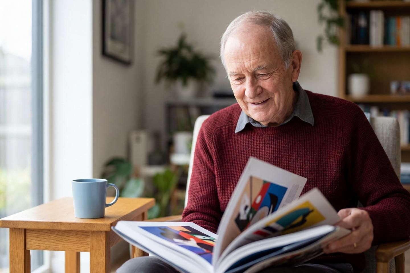 Ein älterer Mann schaut sich ein Buch an.