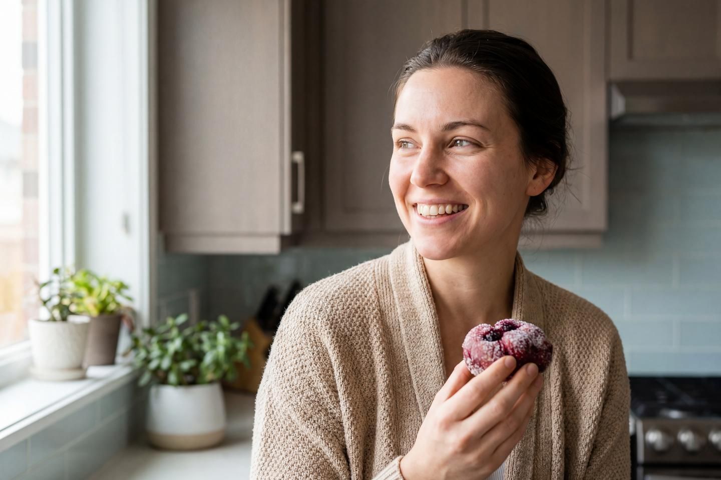 Frau lächelt und hält Muffin in der Hand.