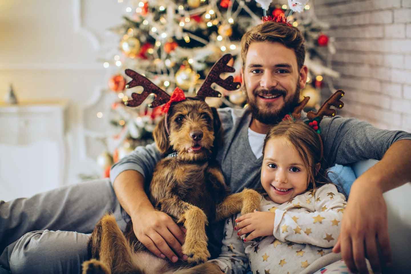 Ein Vater, ein Kind und ein Hund sitzen weihnachtlich geschmückt vor dem Weihnachtsbaum und wirken fröhlich und entspannt.