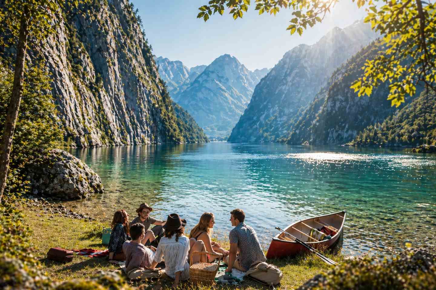 Eine Gruppe sitzt an einem glasklaren Bergsee vor steilen Felswänden, daneben liegt ein kleines Boot am Ufer.