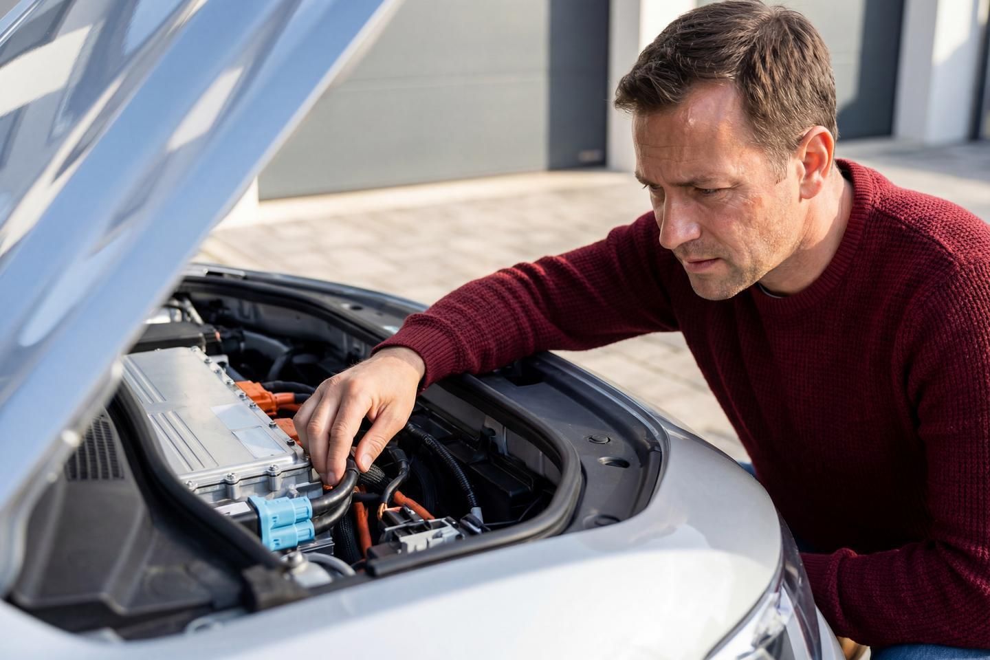 Ein Mann prüft die Batterie seines Autos