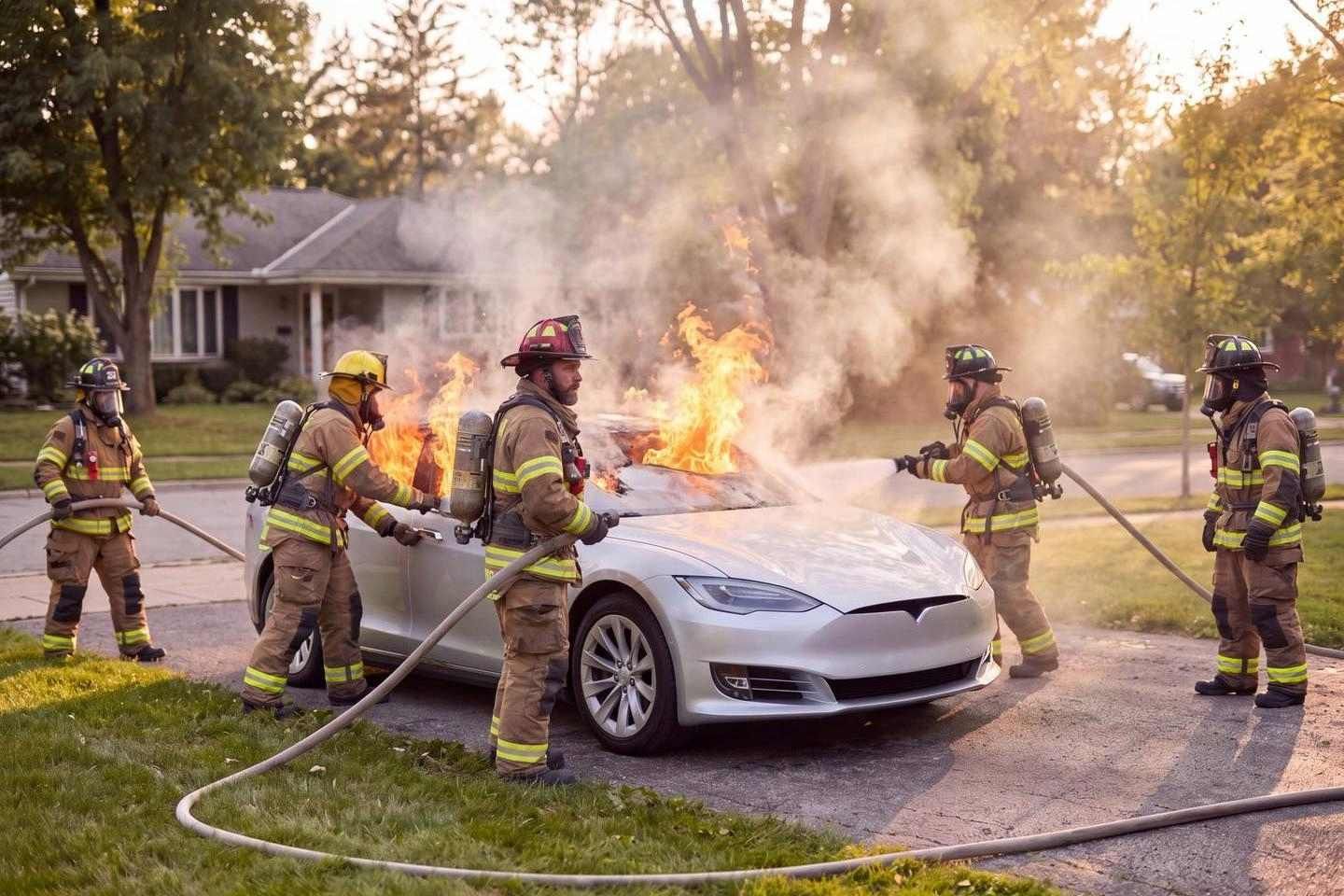 Ein brennendes E-Auto wird von Feuerwehrleuten gelöscht. (Bild KI-unterstützt generiert)