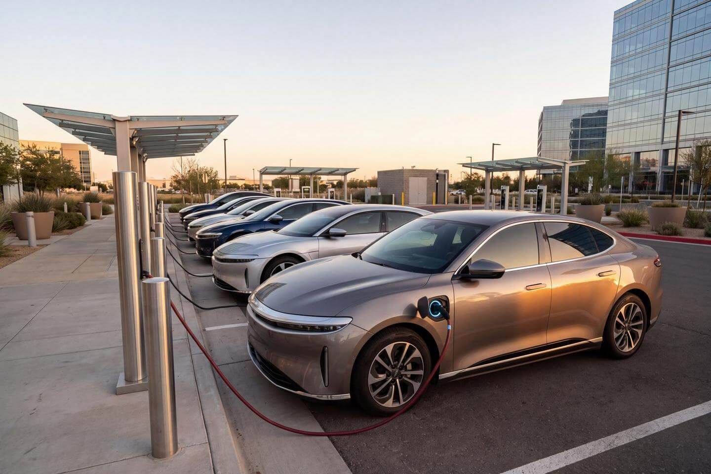 Mehrere Elektroautos laden nebeneinander an einer Ladestation mit Solardach auf einem Firmenparkplatz bei Sonnenuntergang (Bild KI-unterstützt generiert)