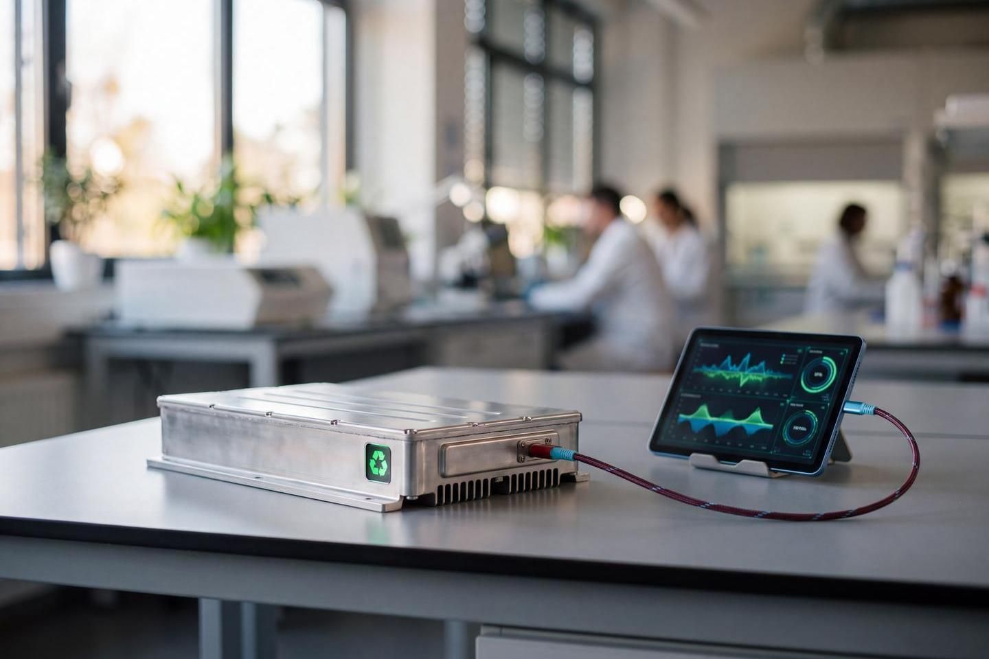 Eine Batterie liegt auf einem Tisch in einer Laborumgebung und ist per Kabel an ein Tablet angeschlossen.  (Bild KI-unterstützt generiert)