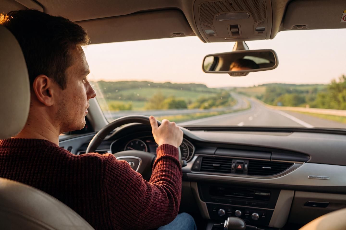 Mann sitzt am Steuer und fährt auf der Autobahn.