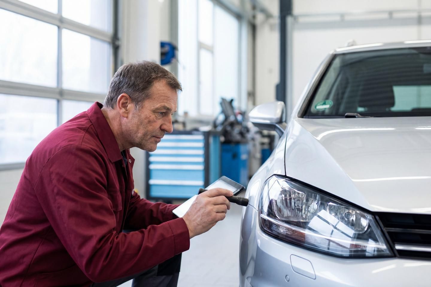 Kfz Mitarbeiter untersucht das Auto beim Tüv.