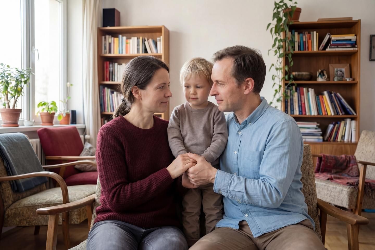 Ein Paar sitzt mit einem kleinen Kind in einem gemütlichen Wohnzimmer und hält liebevoll seine Hände.