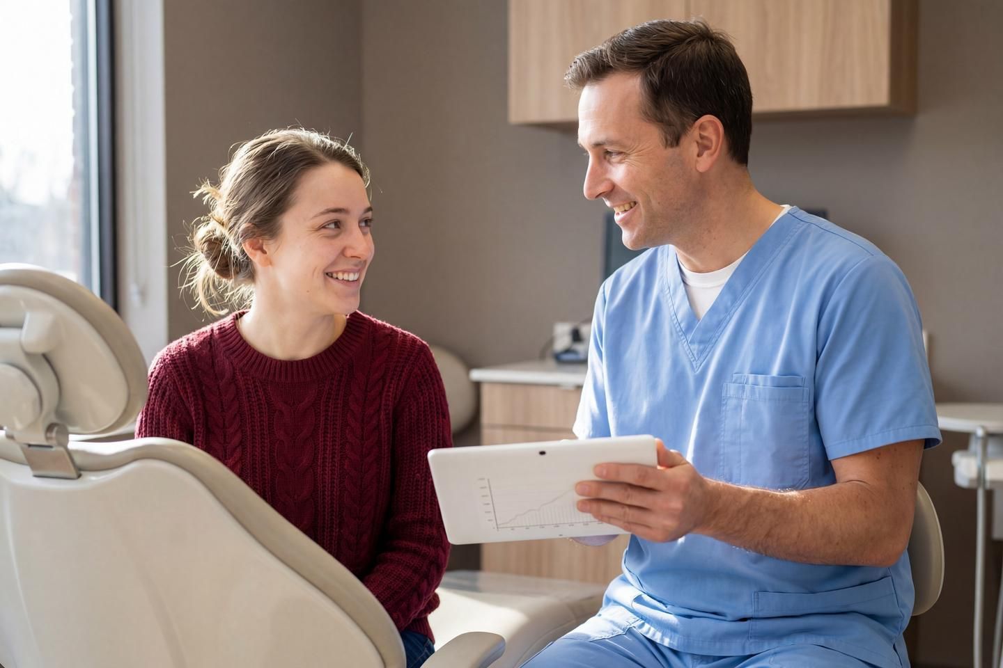 Eine Patientin sitzt in einer Zahnarztpraxis auf dem Behandlungsstuhl, während der Zahnarzt ihr mit einem Tablet etwas erklärt.