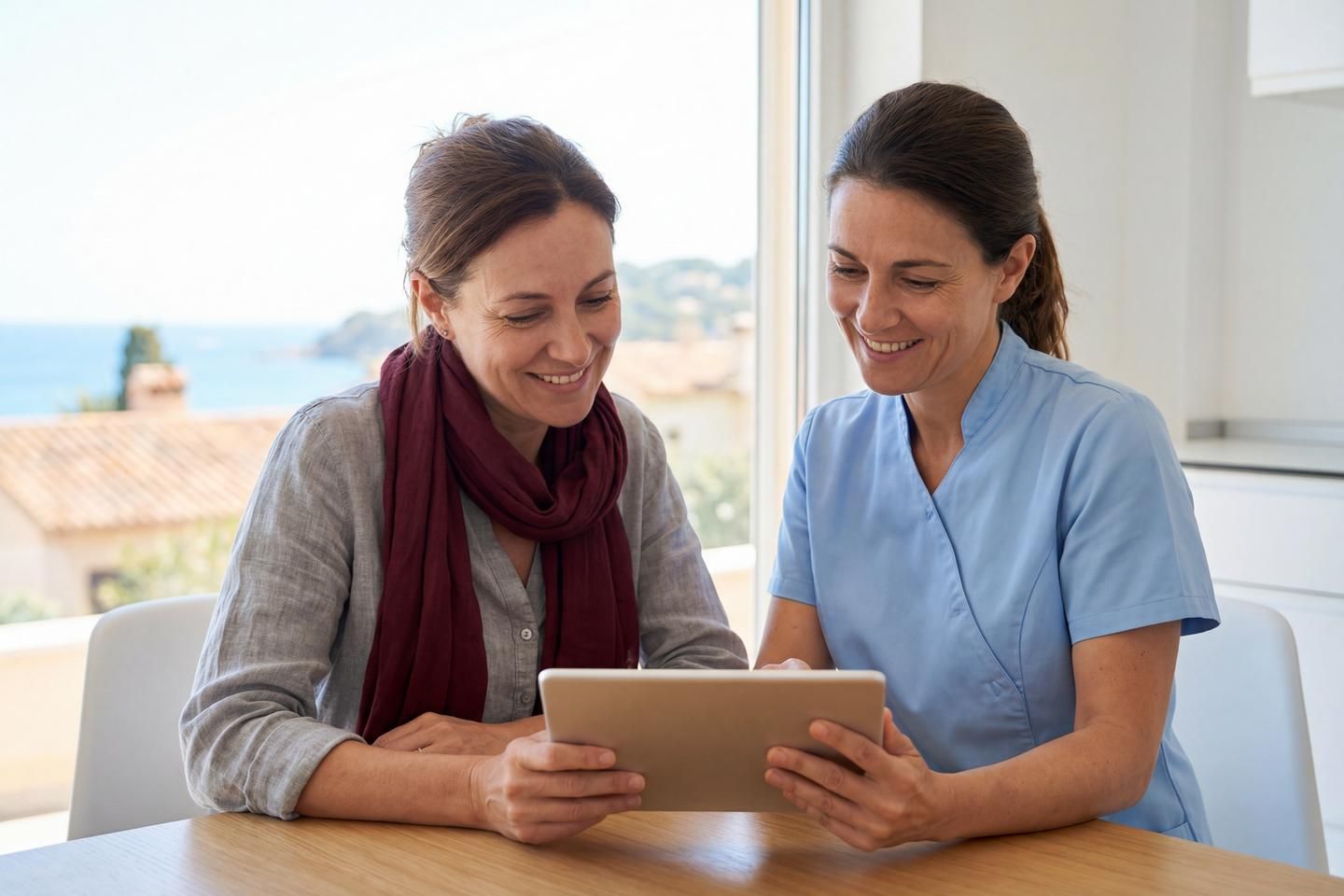 Zwei Frauen sitzen an einem Tisch und schauen gemeinsam auf ein Tablet.