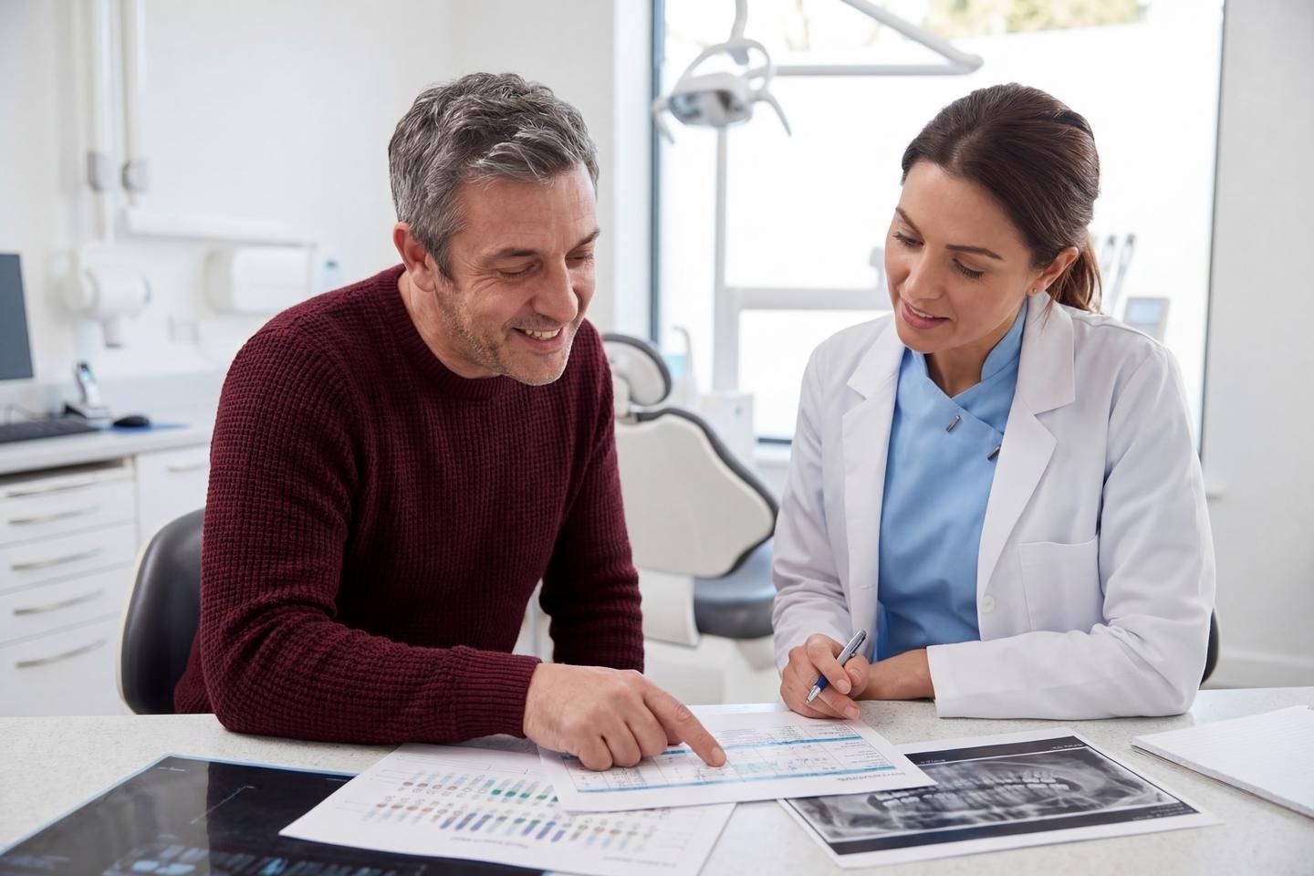 Ein Patient und eine Zahnärztin sitzen in einer Praxis und besprechen Röntgenbilder und Unterlagen auf dem Tisch.
