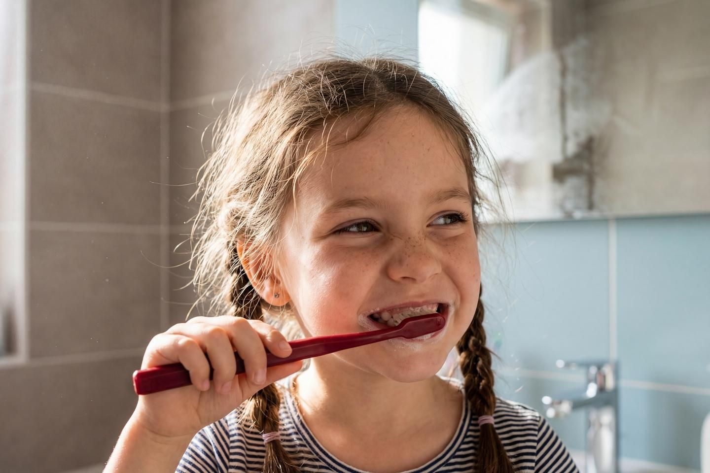 Junges Mädchen mit Zöpfen putzt sich die Zähne.