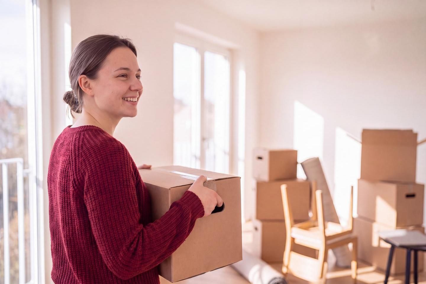 Eine junge Frau trägt Umzugskartons in ihre erste eigene Wohnung. (Bild KI-unterstützt generiert)