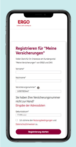 Registrierung für Meine Versicherungen: Schritt 2