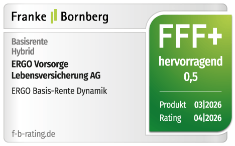 Die renommierte Ratingagentur Franke & Bornberg hat die ERGO Basis Rente Dynamik mit der Bestnote FFF+ bewertet.