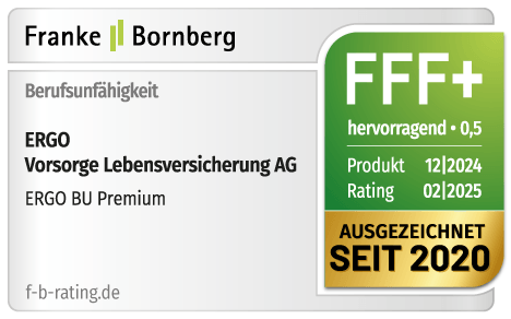 Die renommierte Ratingagentur Franke & Bornberg hat die ERGO Berufsunfähigkeitsversicherung Premium mit der Bestnote FFF+ bewertet.
