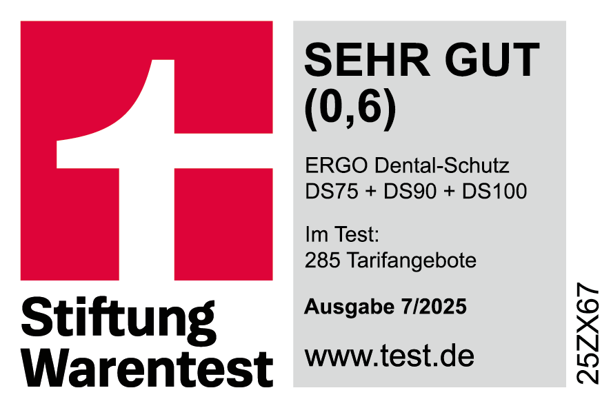 Testsiegel: Stiftung Warentest zeichnet den ERGO Dental-Schutz DS75 + DS90 + DS 100 mit der Bestnote sehr gut aus.