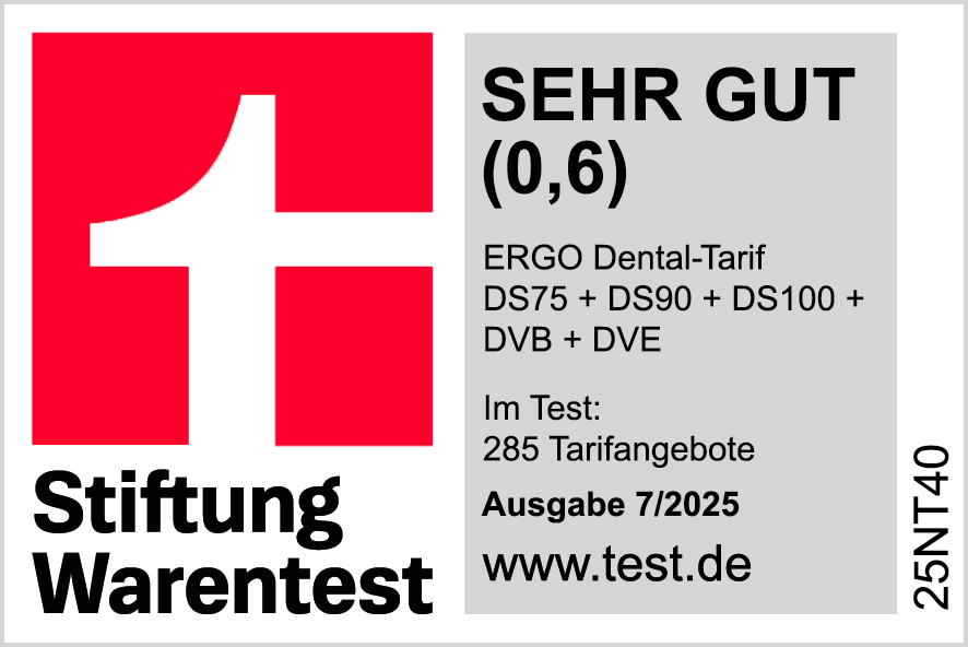 Testsiegel: Stiftung Warentest zeichnet den ERGO Dental-Tarif mit der Bestnote sehr gut aus.