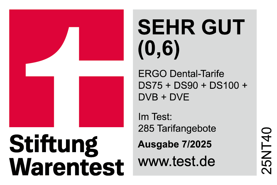 Testsiegel: Stiftung Warentest zeichnet die ERGO Dental-Tarife mit der Bestnote sehr gut aus.