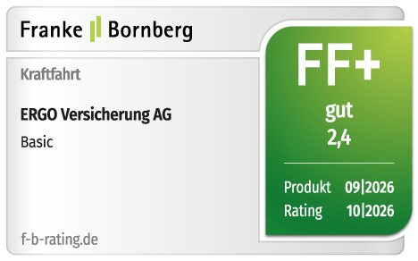 Rating von Franke und Bornberg: Die ERGO Kfz-Versicherung erhält im Tarif Basic die Bewertung Gut (2,4) und damit das Urteil FF+.