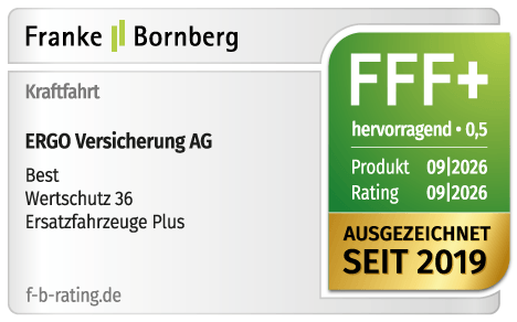 Hervorragend (0,5) für die Kfz-Versicherung von ERGO: Im Rating von Franke und Bornberg erhielt der Tarif Best mit den Bausteinen Wertschutz 36 und Ersatzfahrzeug Plus die Note FFF+.